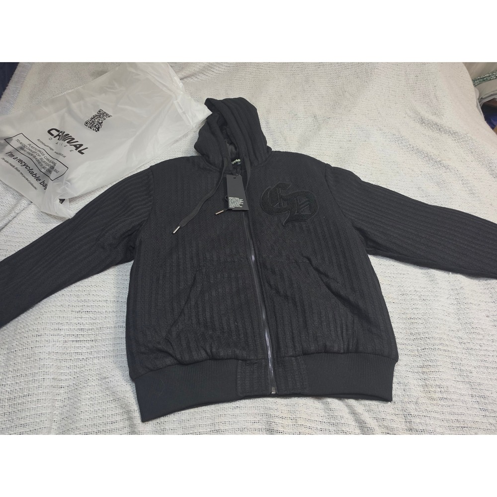 Criminal Damage Mens Black Ribbed Zip Up Hoodie Chenille Logo Streetwear Medium